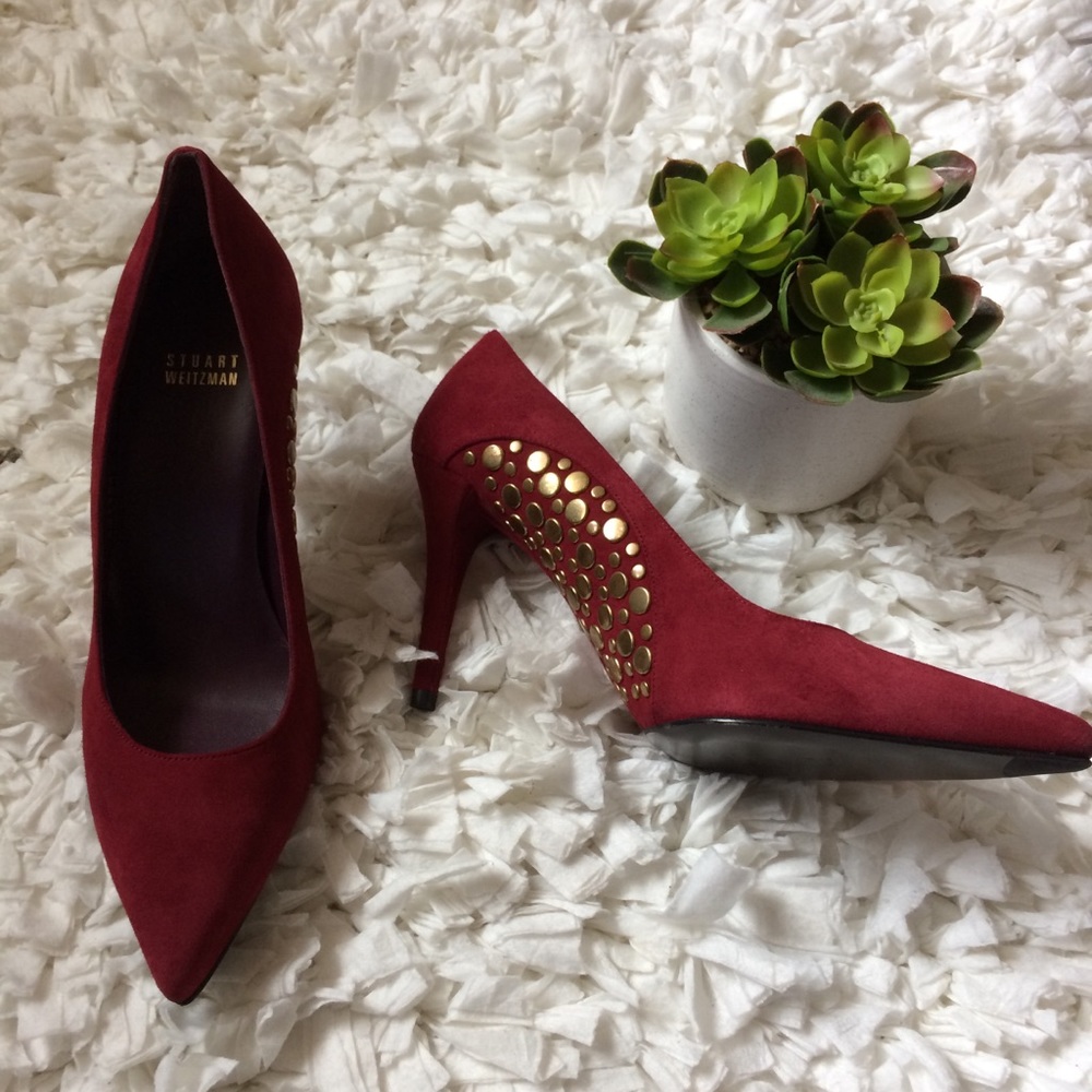 Stuart Weitzman red suede embellished pointy heels
